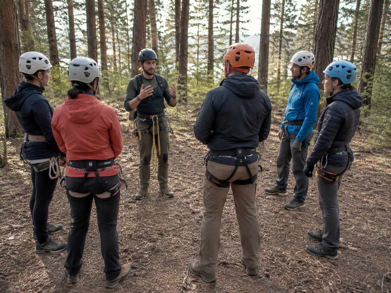 A guide briefing a group of adults in harnesses on the forest floor