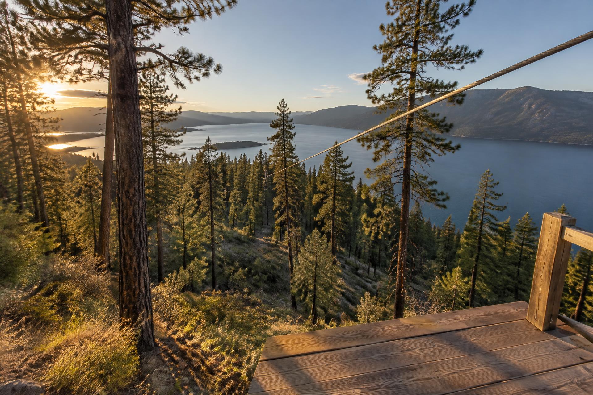 A wooden zipline platform looking out over pine forest and the lake at sunset